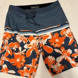 O'Neill Boys/Mens Blue and Orange Board Shorts with Bold Pattern